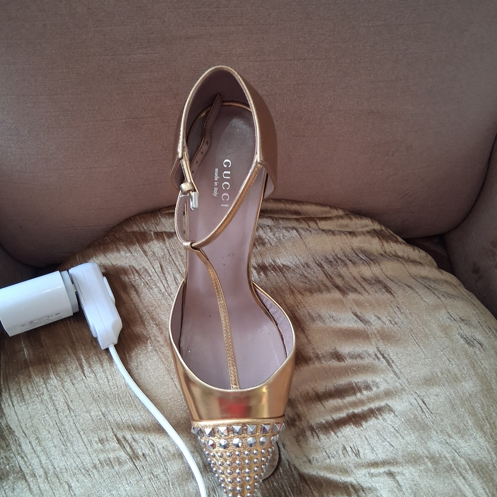 Gucci Metallic Gold Studded T-Strap Heel